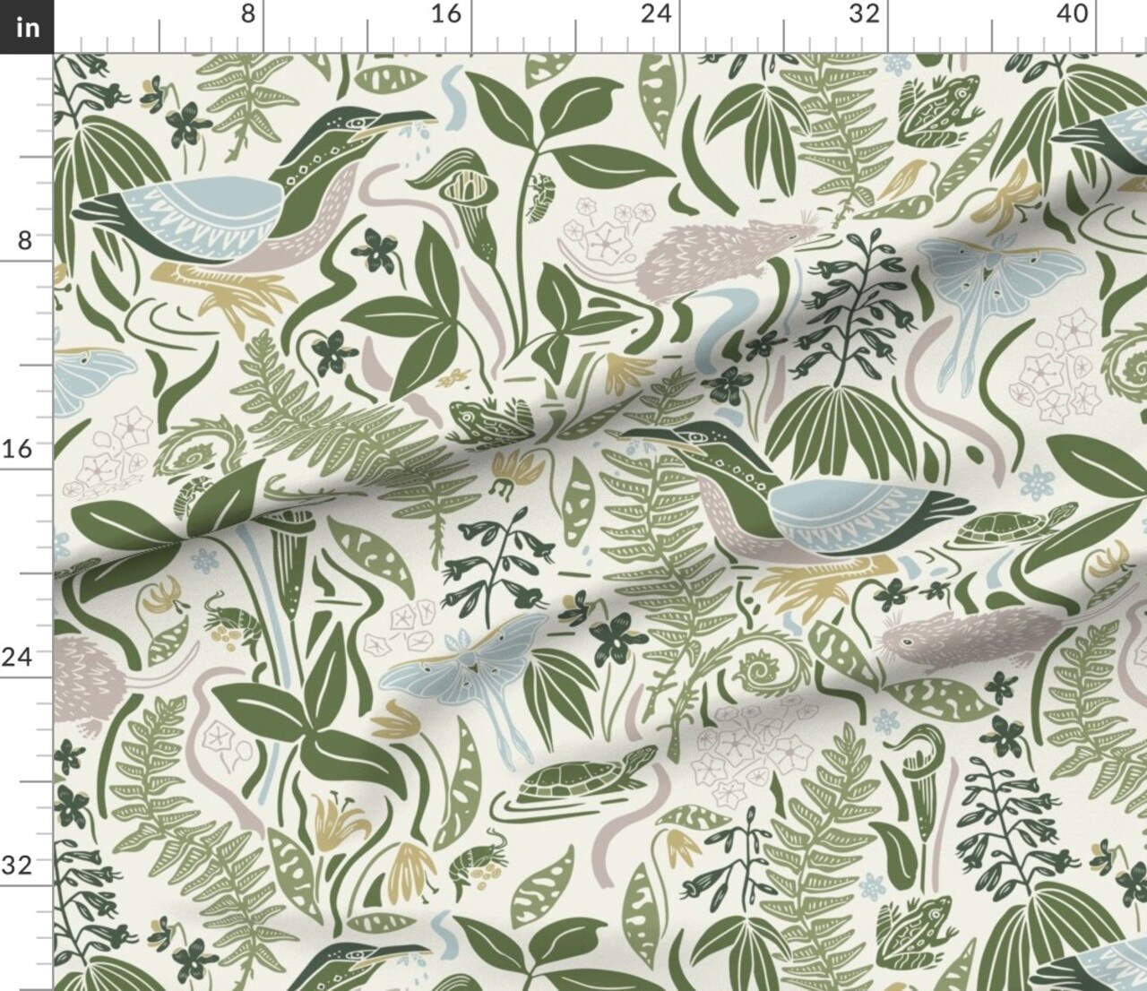 Green Woodland Botanical Block Print Animal Art Nouveau Flowers Birds Plants Ferns Luna Moth Turtle Nc Flora Fauna Custom Printed Fabric by Spoonflower Various Fabrics by the Yard or Fat Quarter